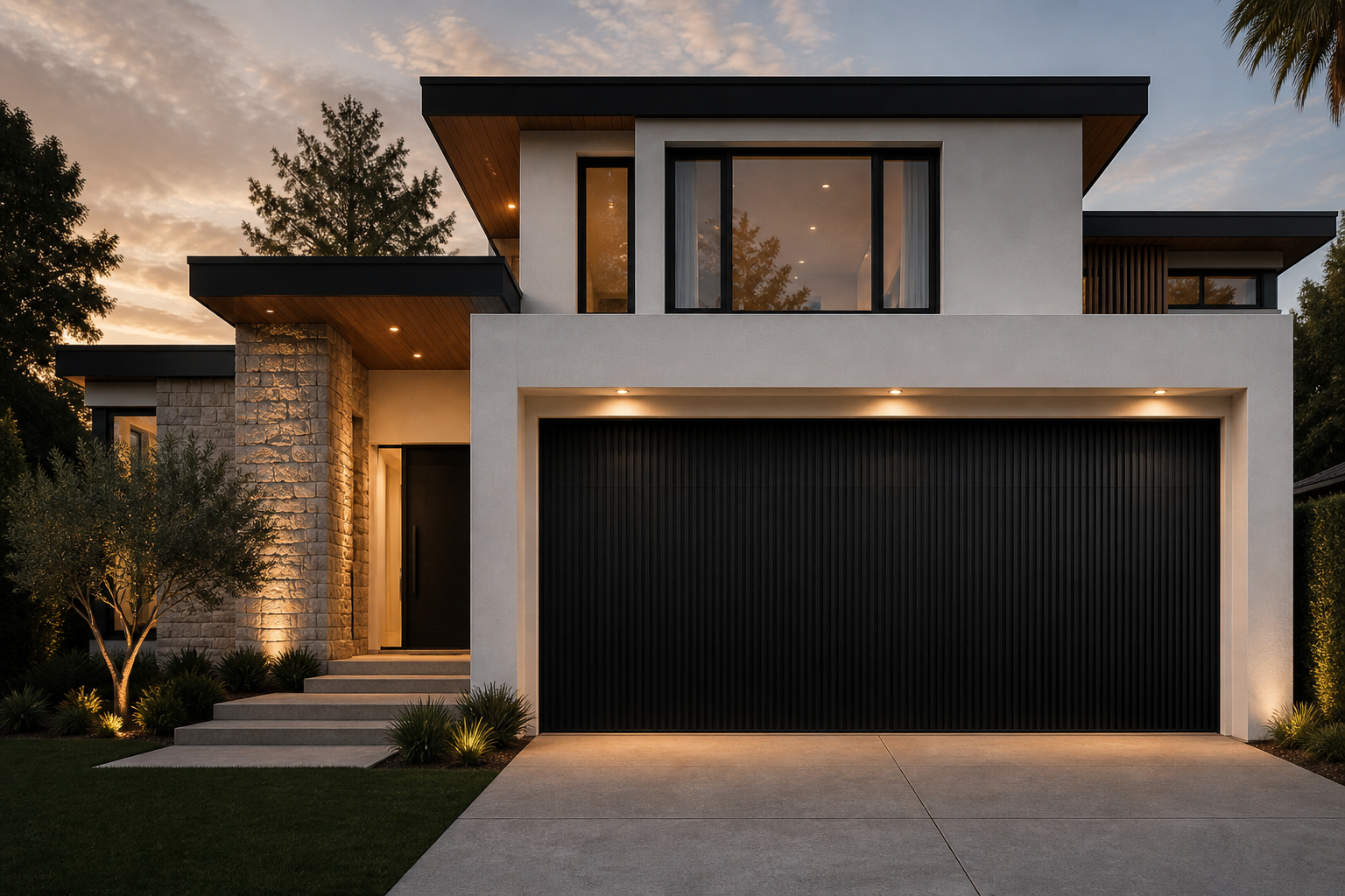 Modern Melbourne home at dusk with a custom black vertical batten garage door